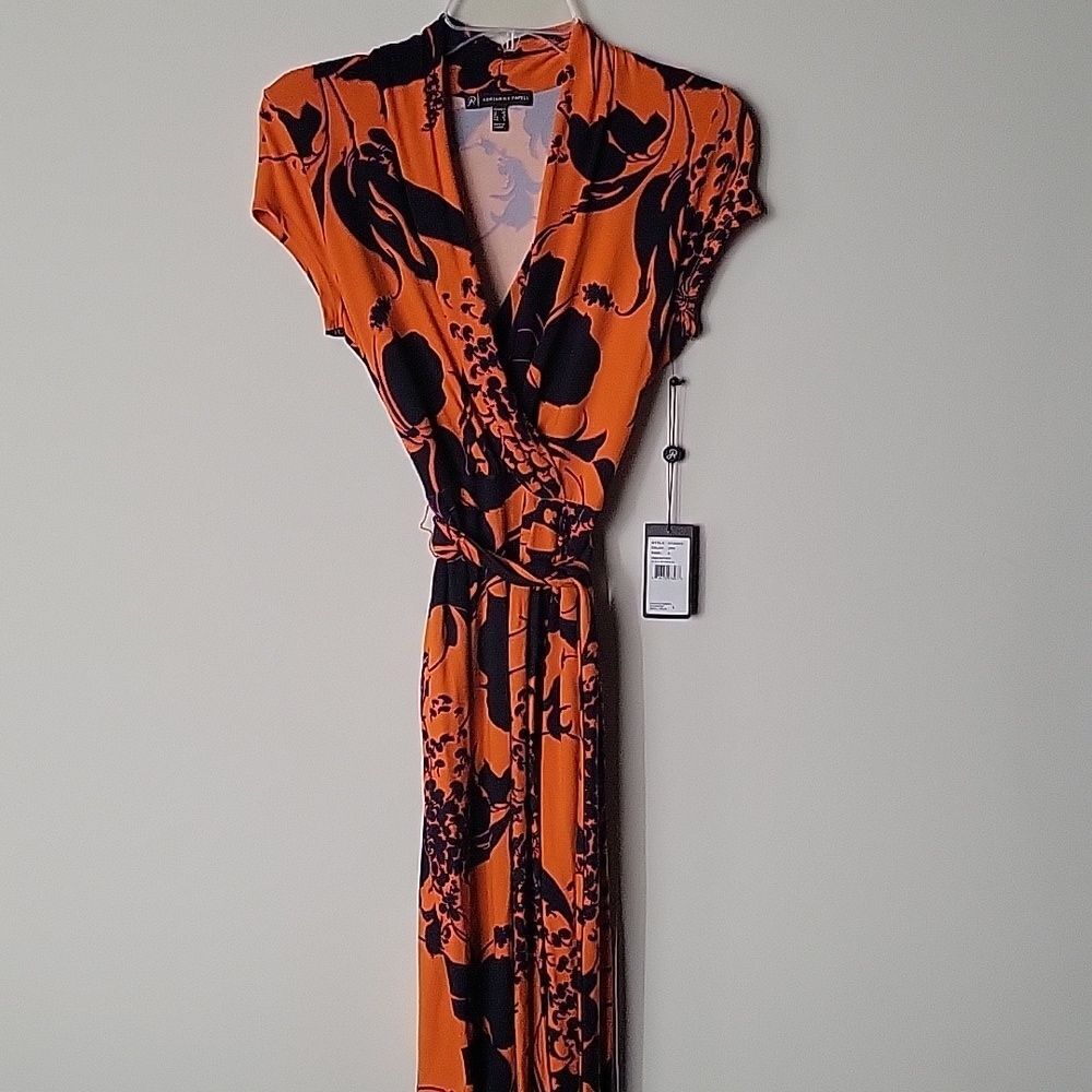 NWT Adrianna Papell XS 2 Orange Black Wrap Tie Dress Jersey Midi Floral Print